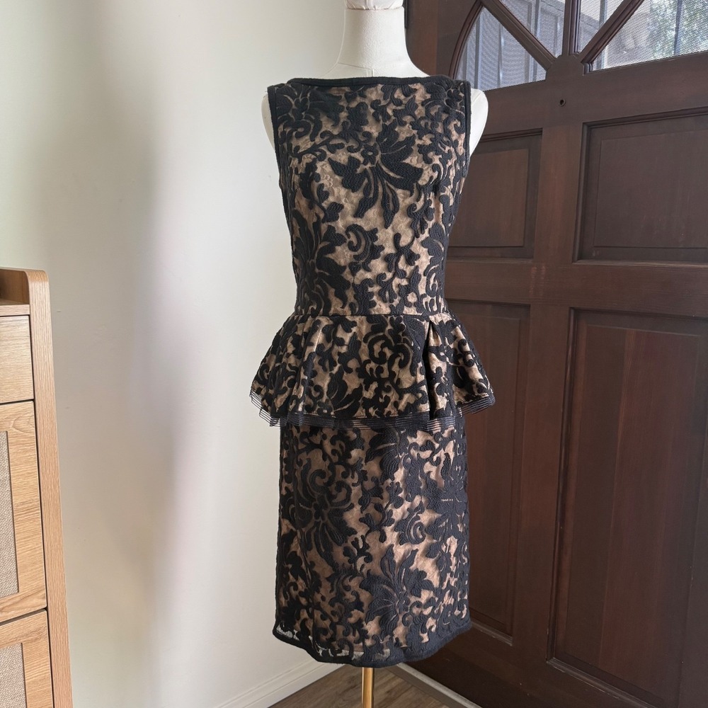 Tadashi Shoji Peplum Dress Lace Overlay Midi Length Bodycon| Black Nude | Size 4